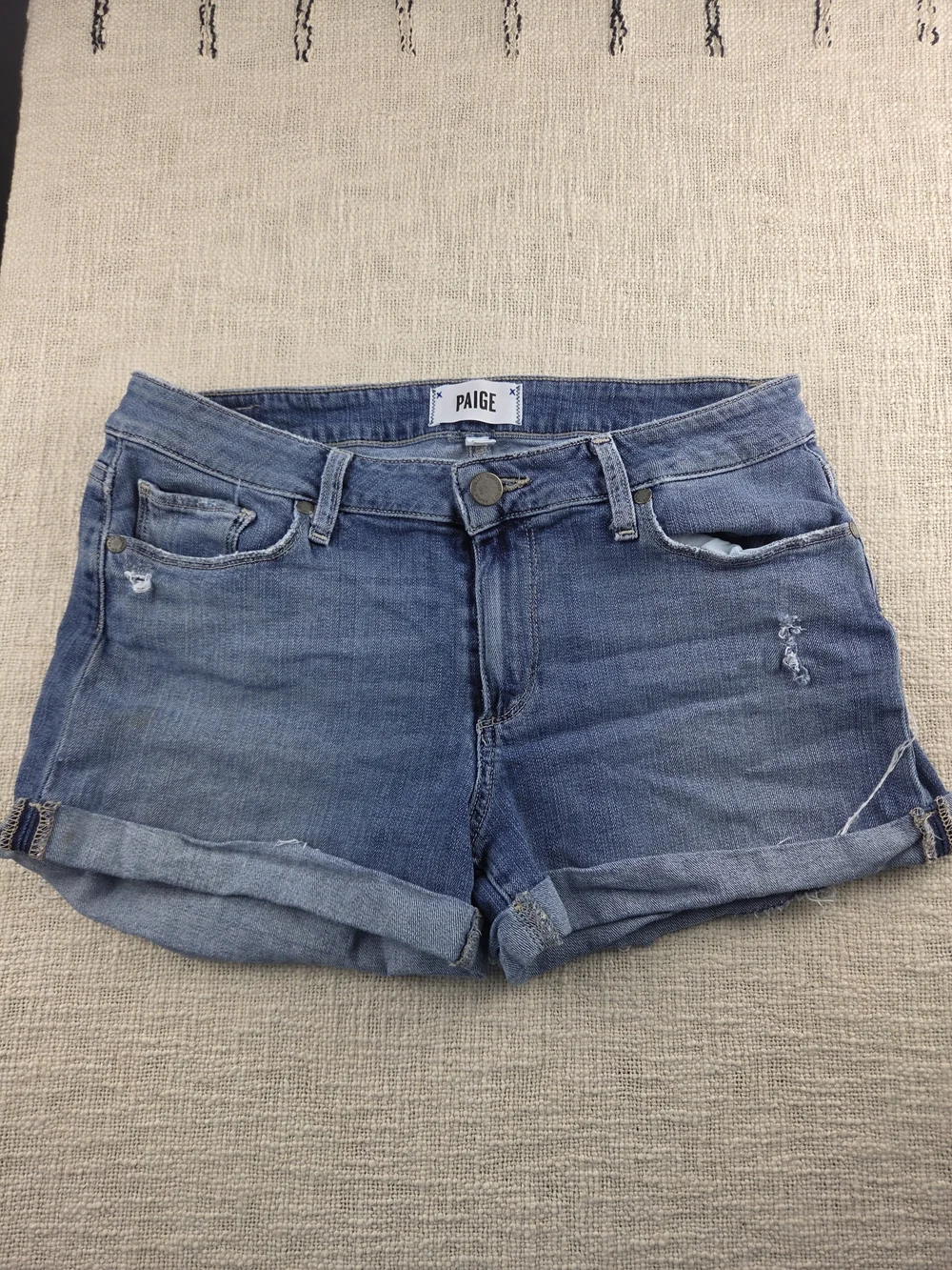 PAIGE Blue Distressed Cuffed Denim Shorts
